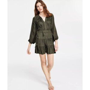 MINKPINK Drawstring-Waist Peasant Dress Khaki XS